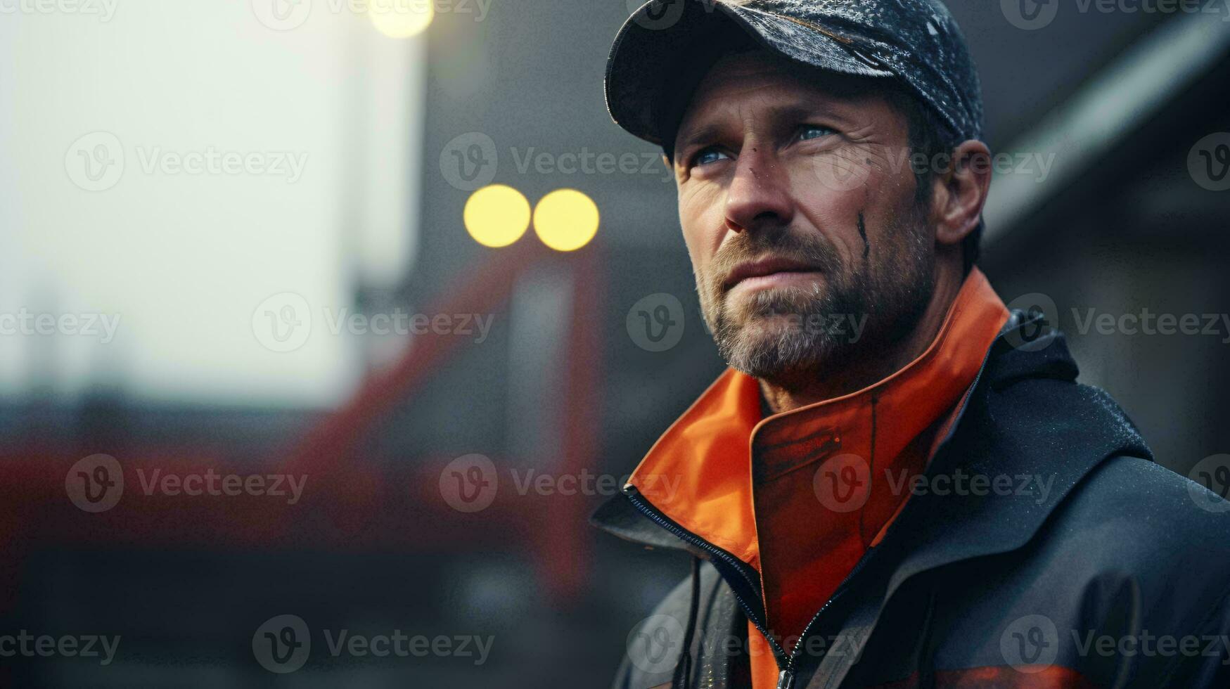 ein Mann im ein beschwingt Orange und schwarz Jacke und Hut ai generiert foto