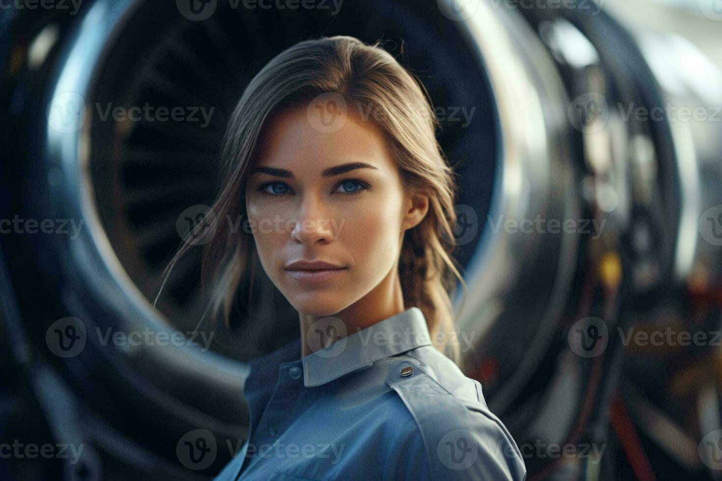 ein Frau Stehen im Vorderseite von ein mächtig Jet Motor ai generiert foto