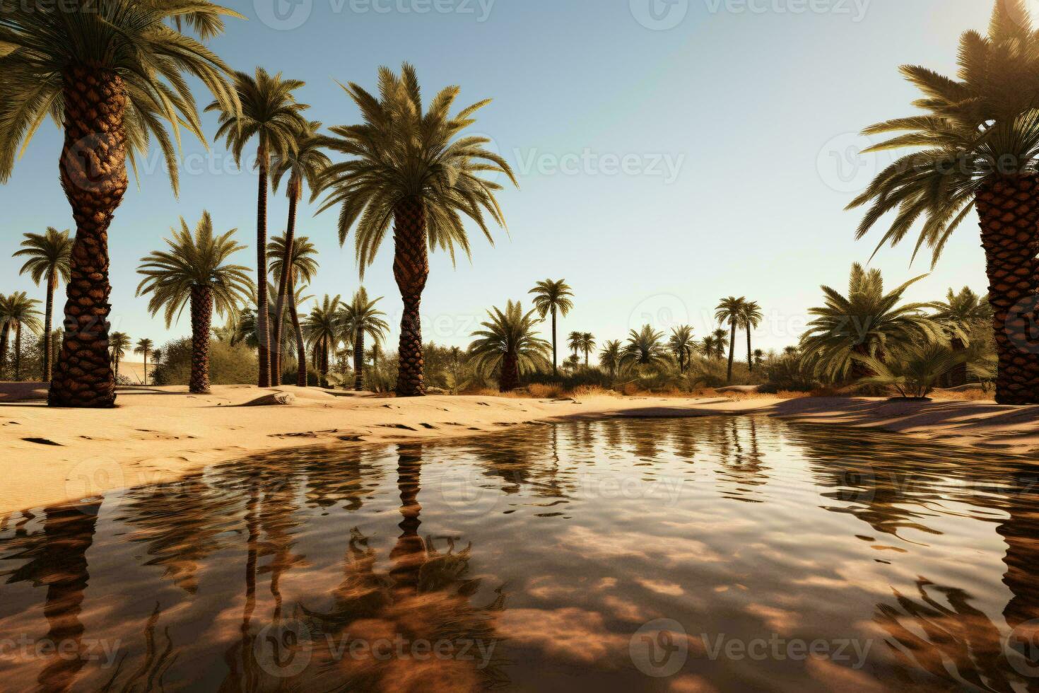 Palme Bäume und ein heiter Körper von Wasser im ein atemberaubend computergeneriert Bild ai generiert foto