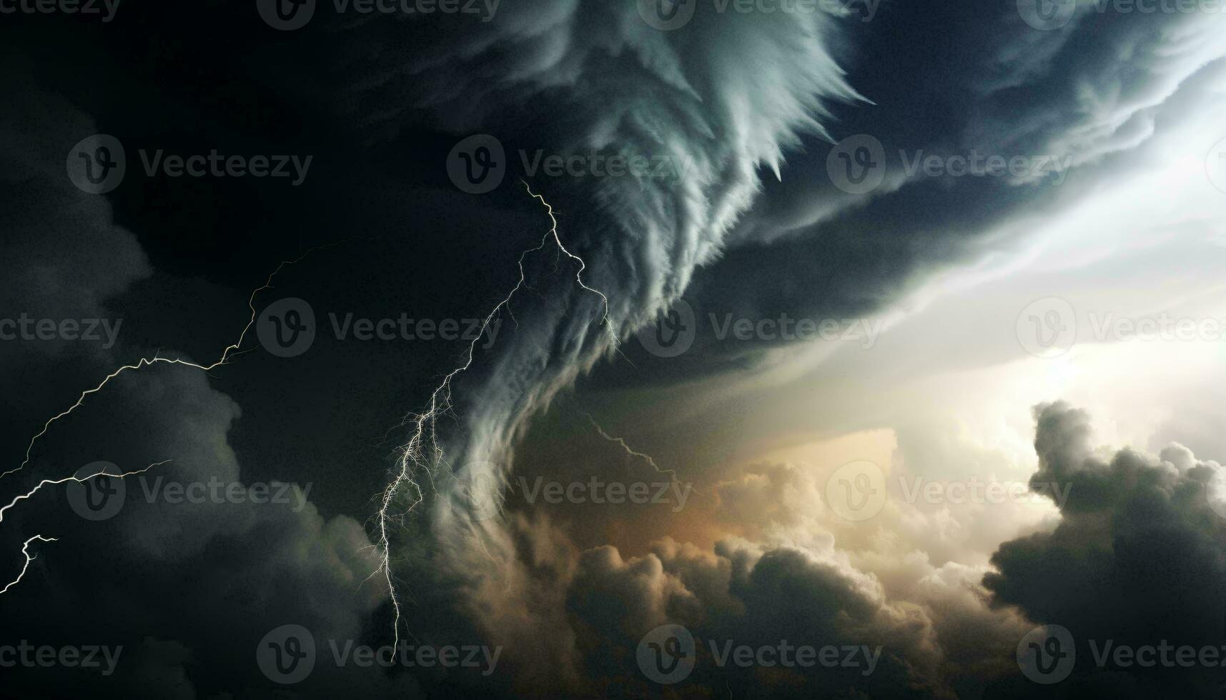 ein dramatisch Sturm Wolke mit ein mächtig Blitz Bolzen im das Center ai generiert foto