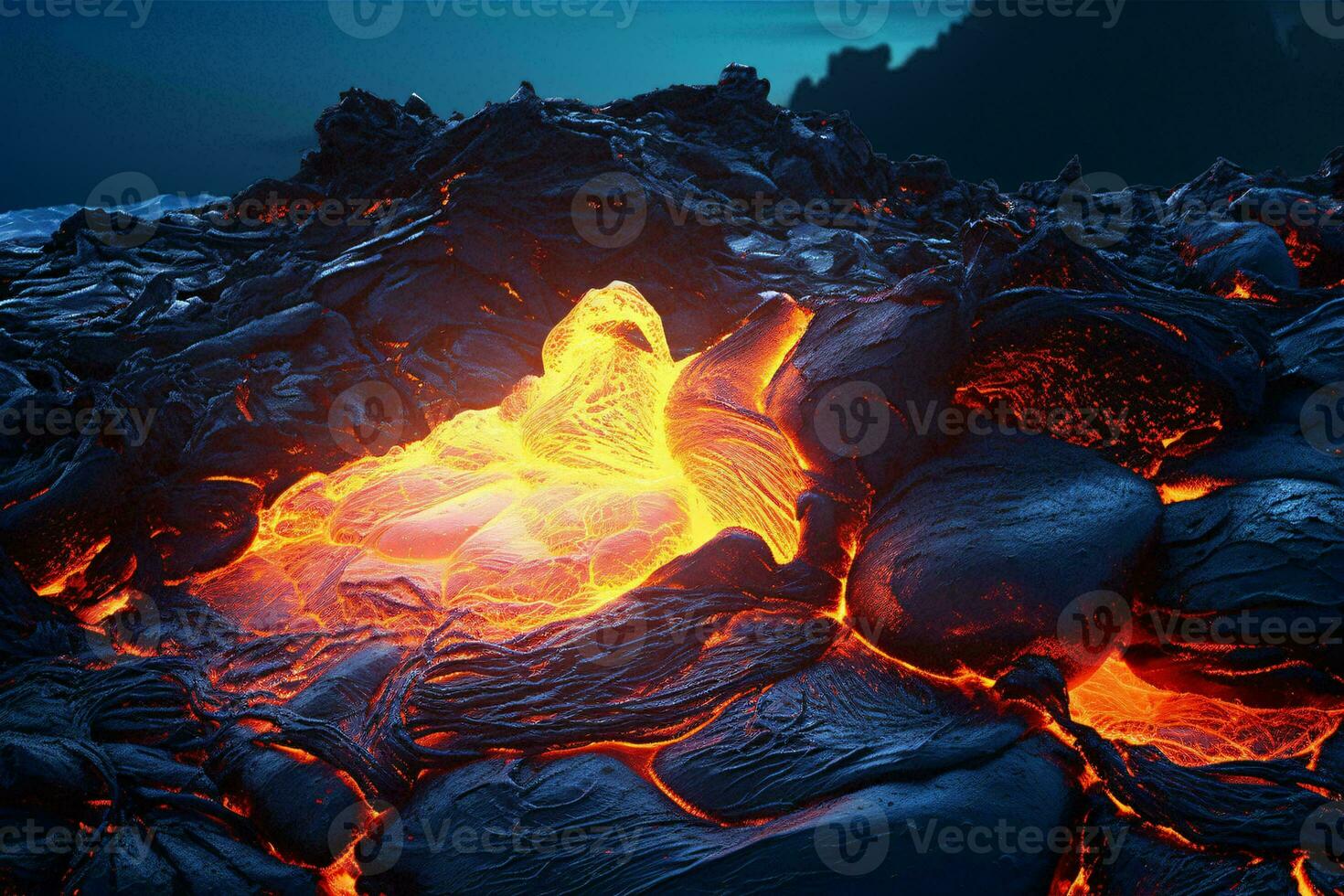 ein feurig Eruption von geschmolzen Lava und Felsen ai generiert foto