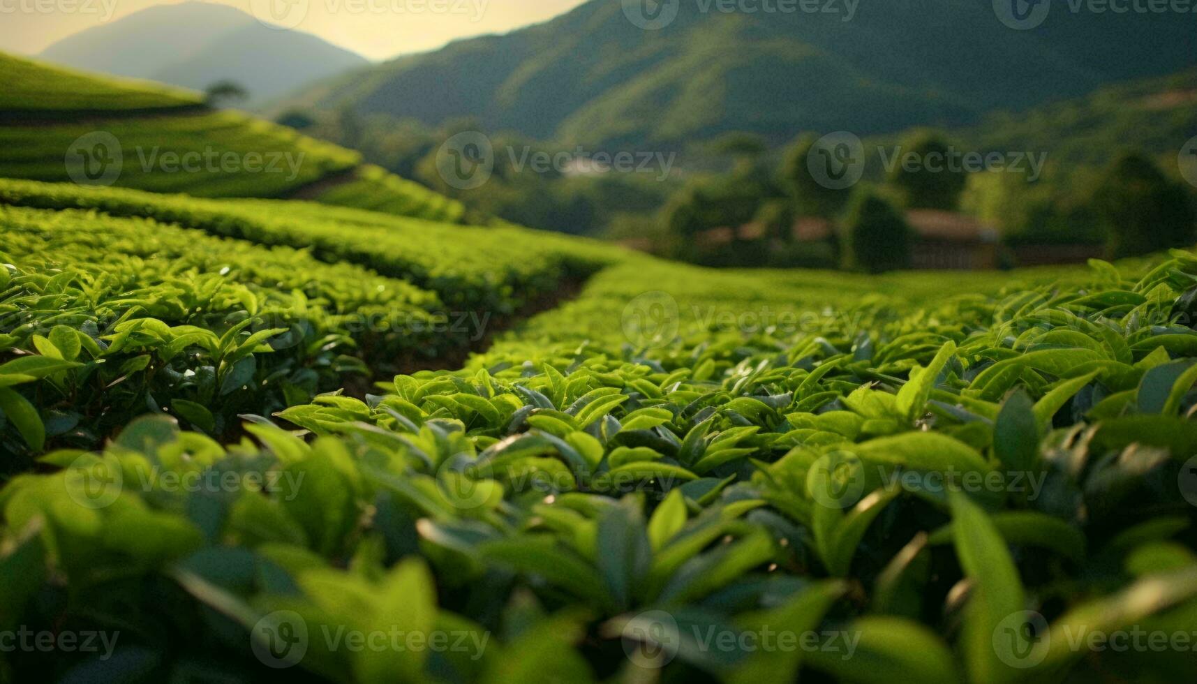 ein szenisch Tee Plantage mit majestätisch Berge im das Hintergrund ai generiert foto