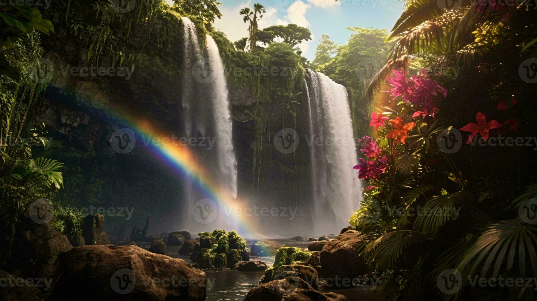 ein schön Wasserfall mit ein beschwingt Regenbogen leuchtenden durch es ai generiert foto