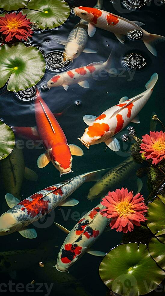 ein beschwingt Gruppe von Koi Fisch anmutig Schwimmen im ein heiter Teich ai generiert foto