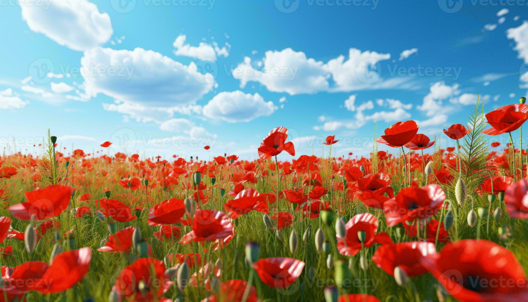 ein beschwingt Feld von rot Blumen unter ein klar Blau Himmel ai generiert foto