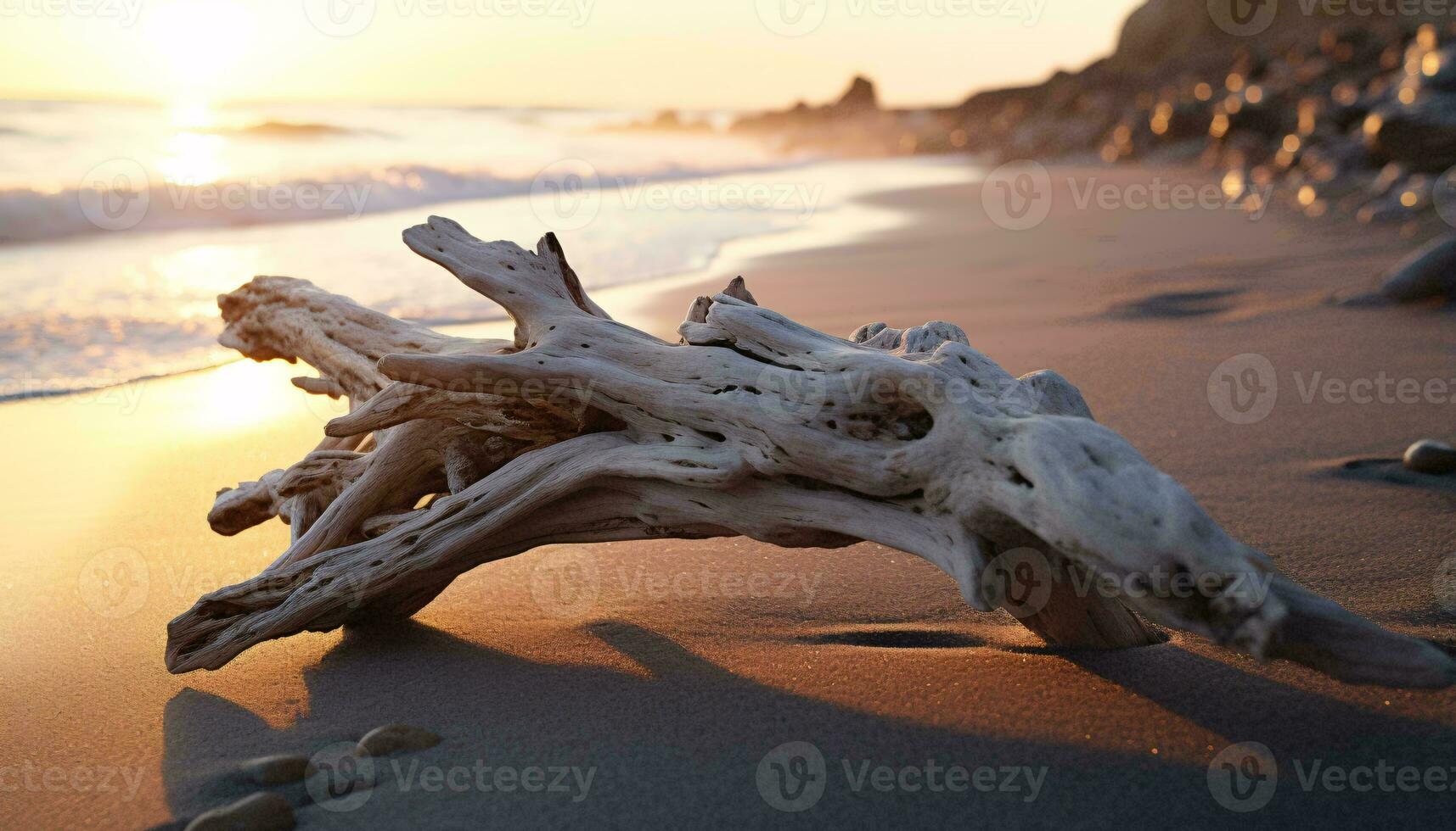 ein verwittert Stück von Treibholz ruhen auf ein sandig Strand ai generiert foto