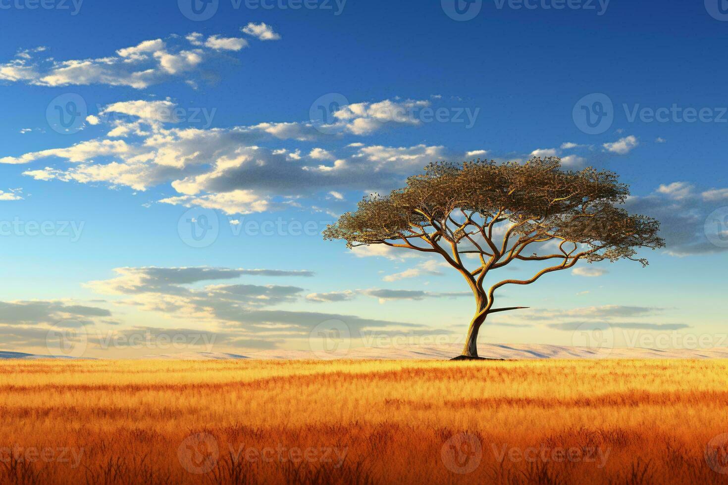 ein einsam Baum Stehen im ein öffnen Feld ai generiert foto