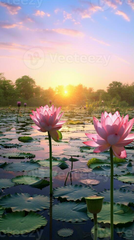 zwei Rosa Wasser Lilien im ein Teich beim Sonnenuntergang ai generiert foto