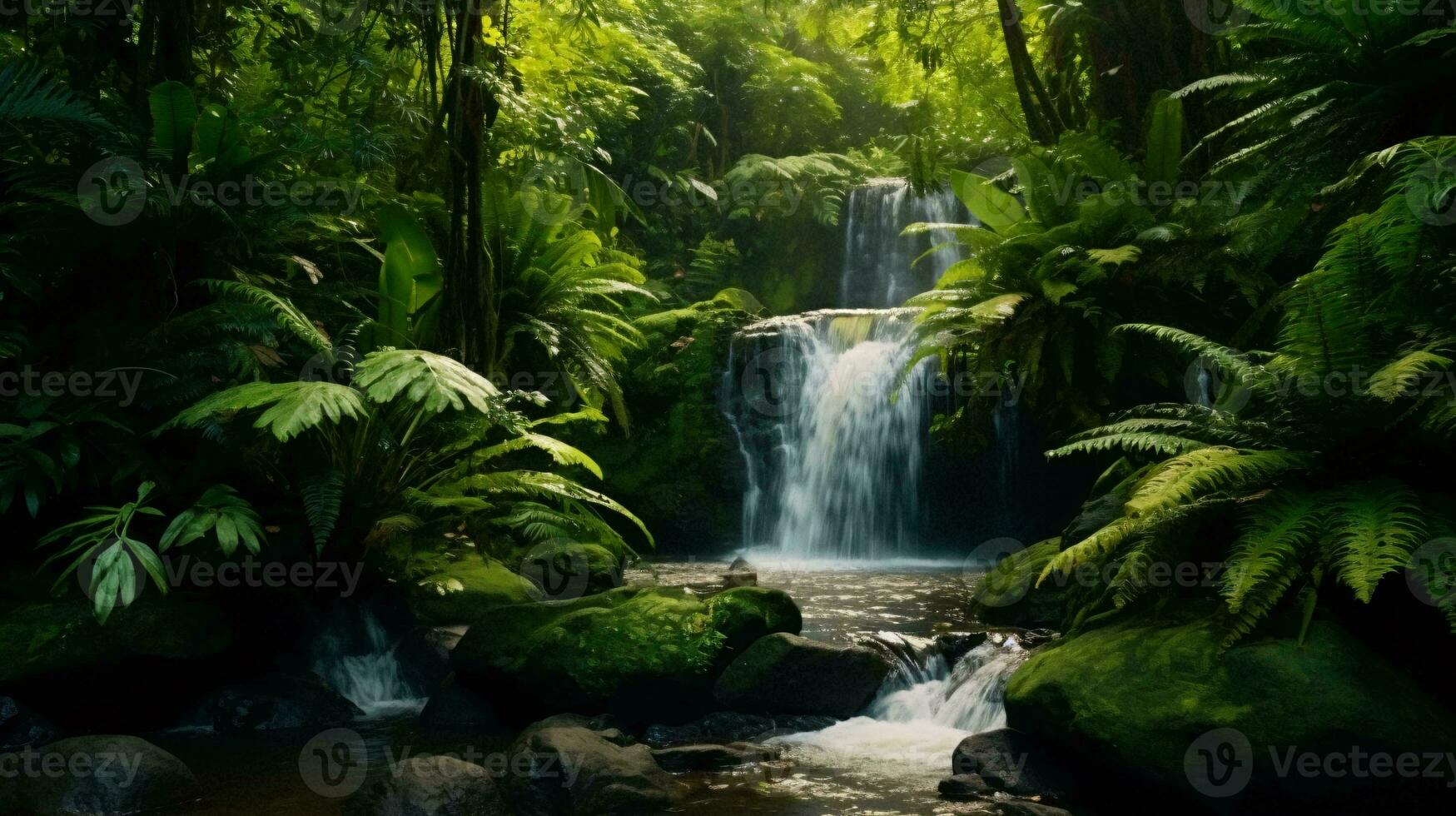 ein heiter Wasserfall eingebettet im ein beschwingt Grün Wald ai generiert foto