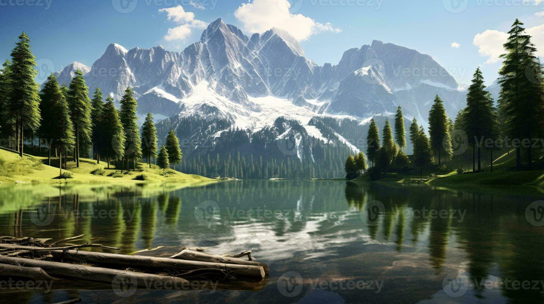 ein heiter Berg See umgeben durch üppig Bäume ai generiert foto
