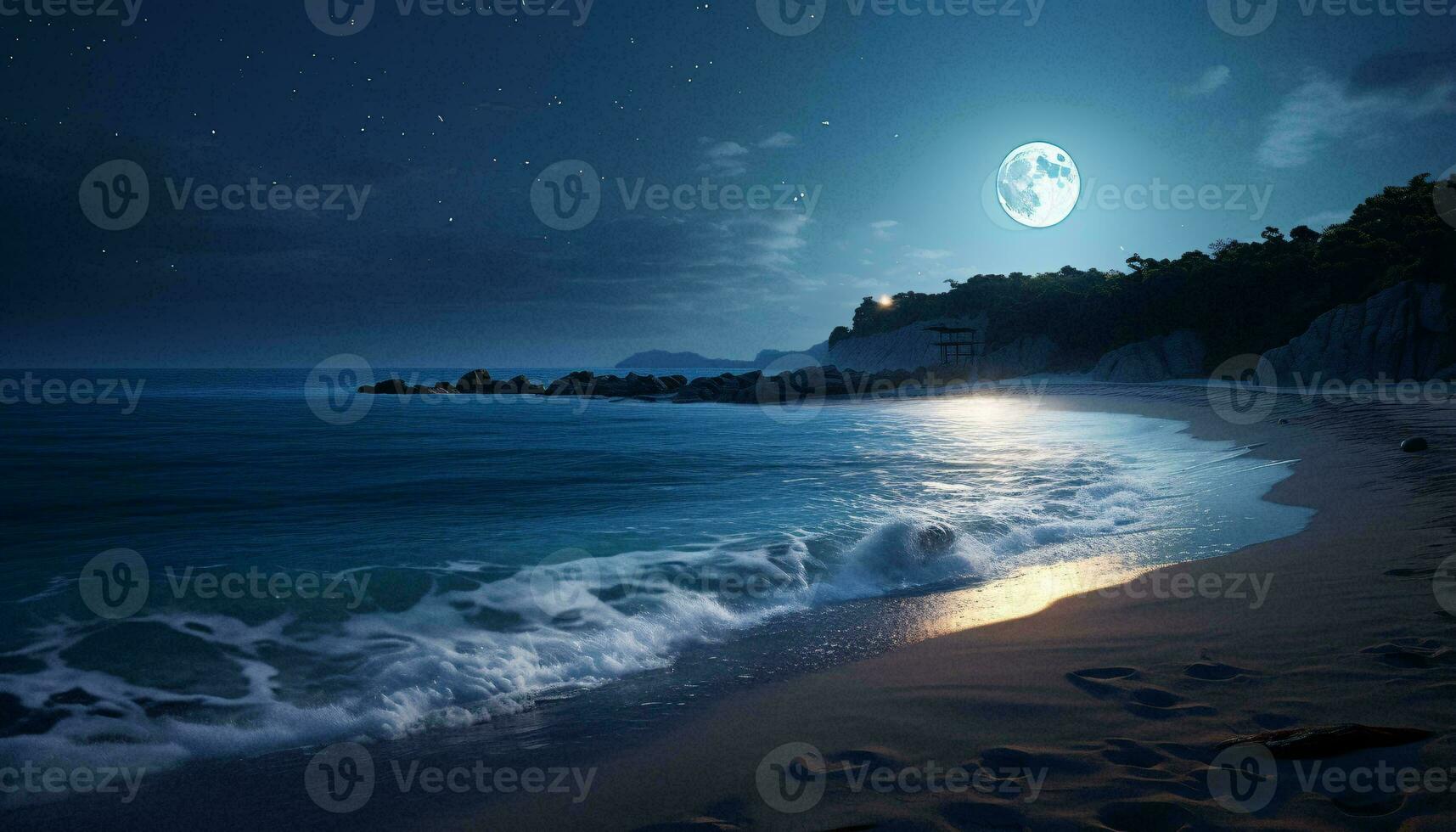 ein heiter Strand beleuchtet durch das Licht von ein voll Mond ai generiert foto