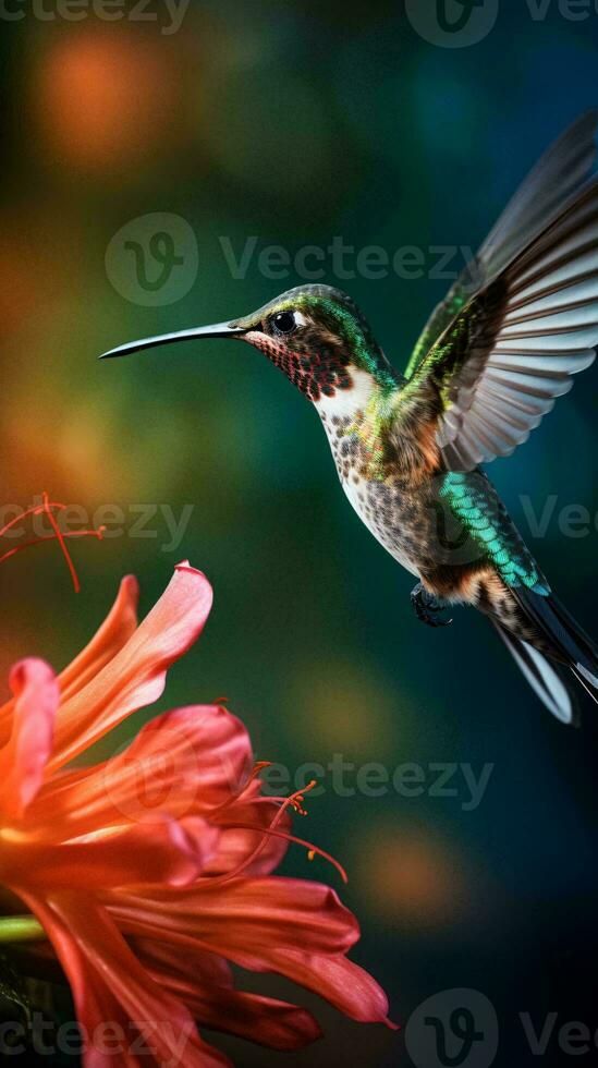 ein Kolibri im Flug mit ein beschwingt Blume wie es ist Hintergrund ai generiert foto