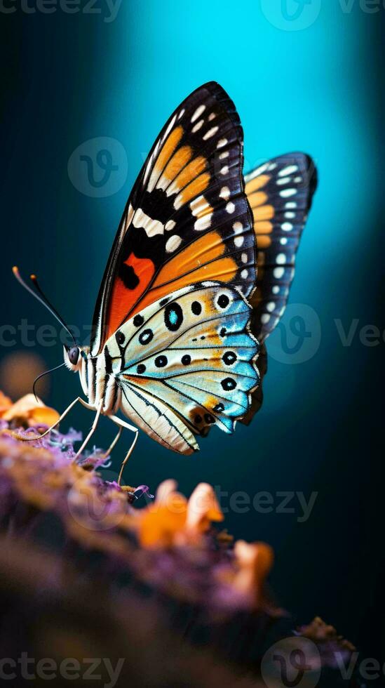 ein beschwingt Schmetterling thront zart auf ein bunt Blume ai generiert foto