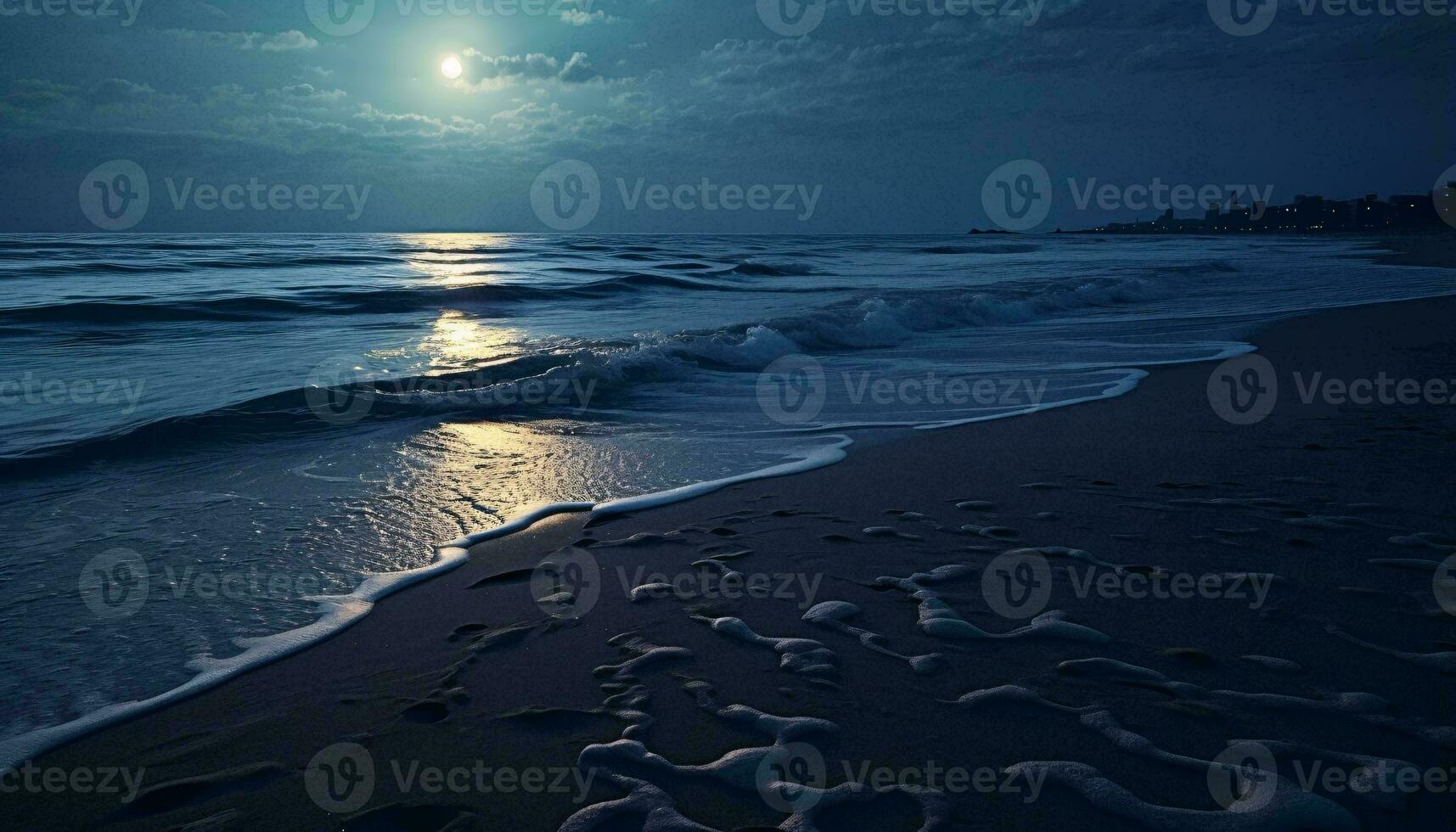 ein heiter Strand beleuchtet durch das strahlend glühen von ein voll Mond ai generiert foto