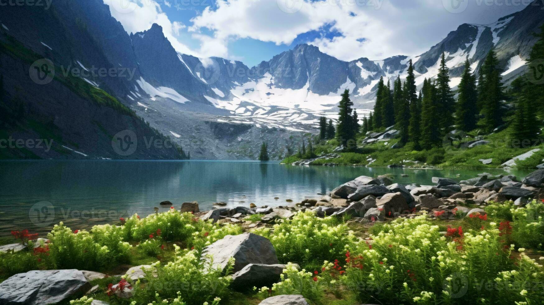 ein heiter Berg See mit beschwingt Blumen und felsig Umfeld ai generiert foto