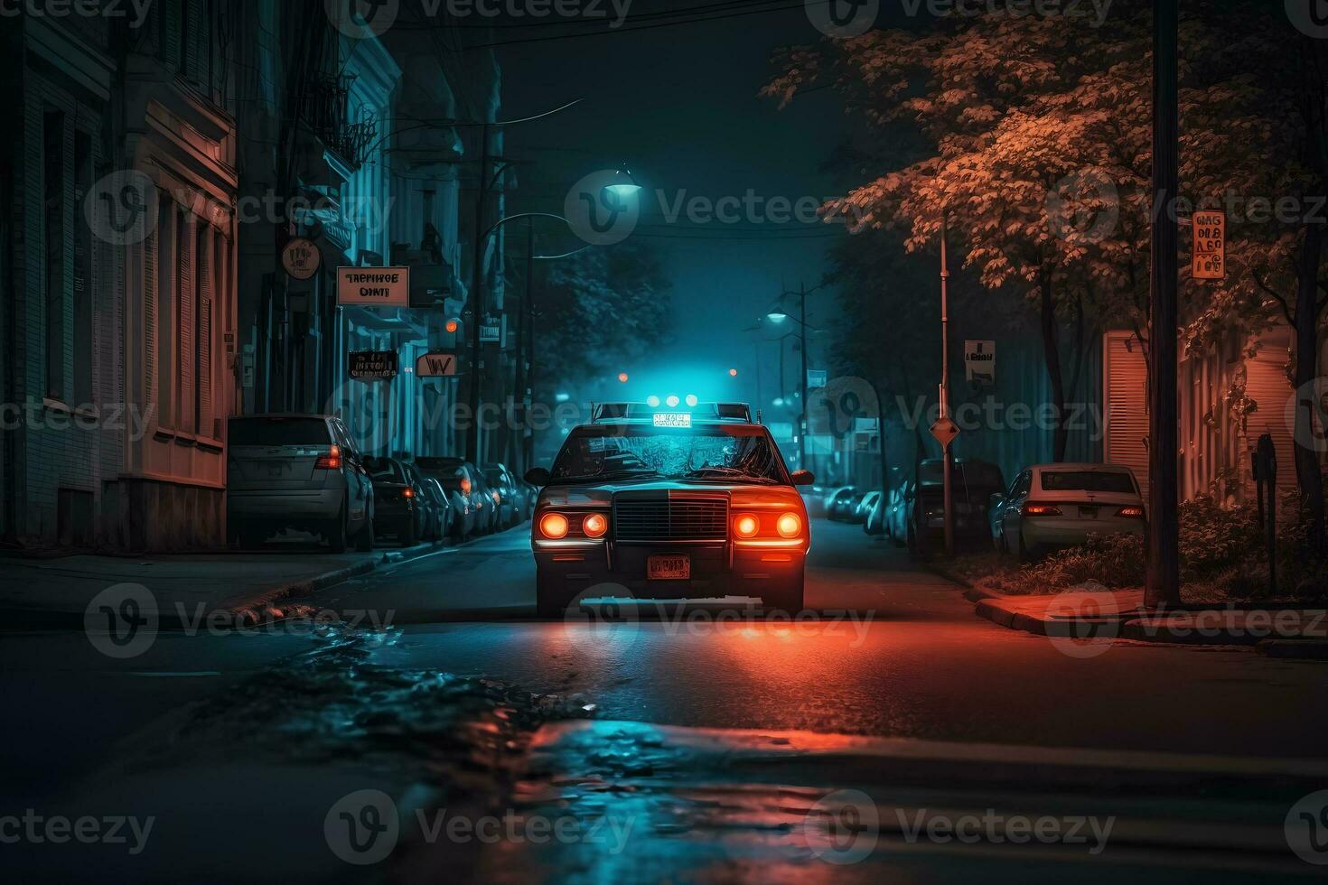 Polizei Auto im ein regnerisch Nacht Stadt. neural Netzwerk ai generiert foto