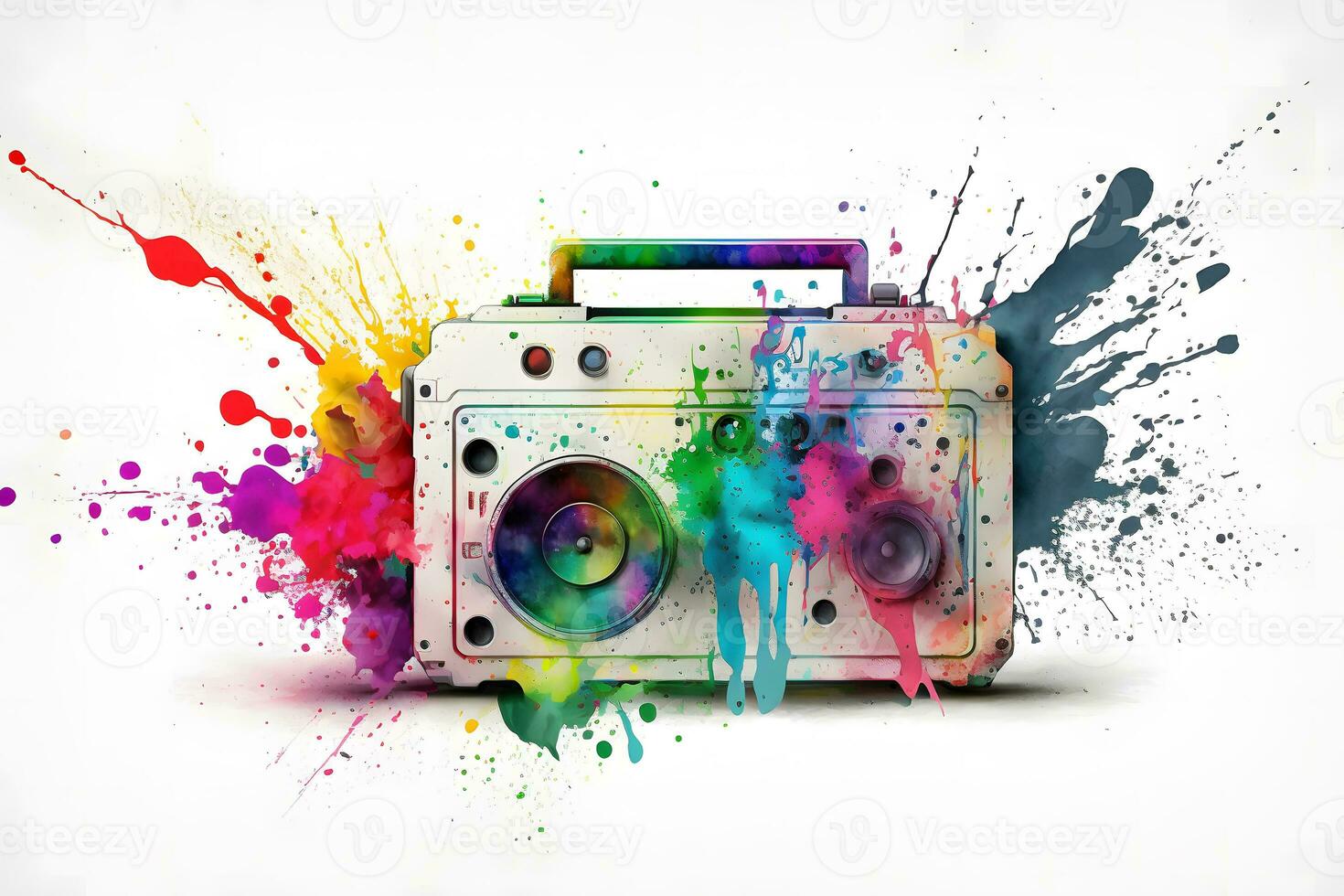 retro Ghetto Blaster isoliert auf Weiß mit Regenbogen Aquarell Spritzen. neural Netzwerk ai generiert foto