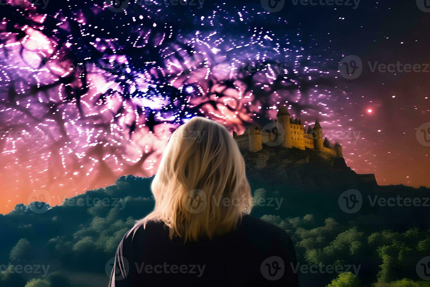 Fantasie Dame im Kostüm im Vorderseite von Schloss neural Netzwerk ai generiert foto