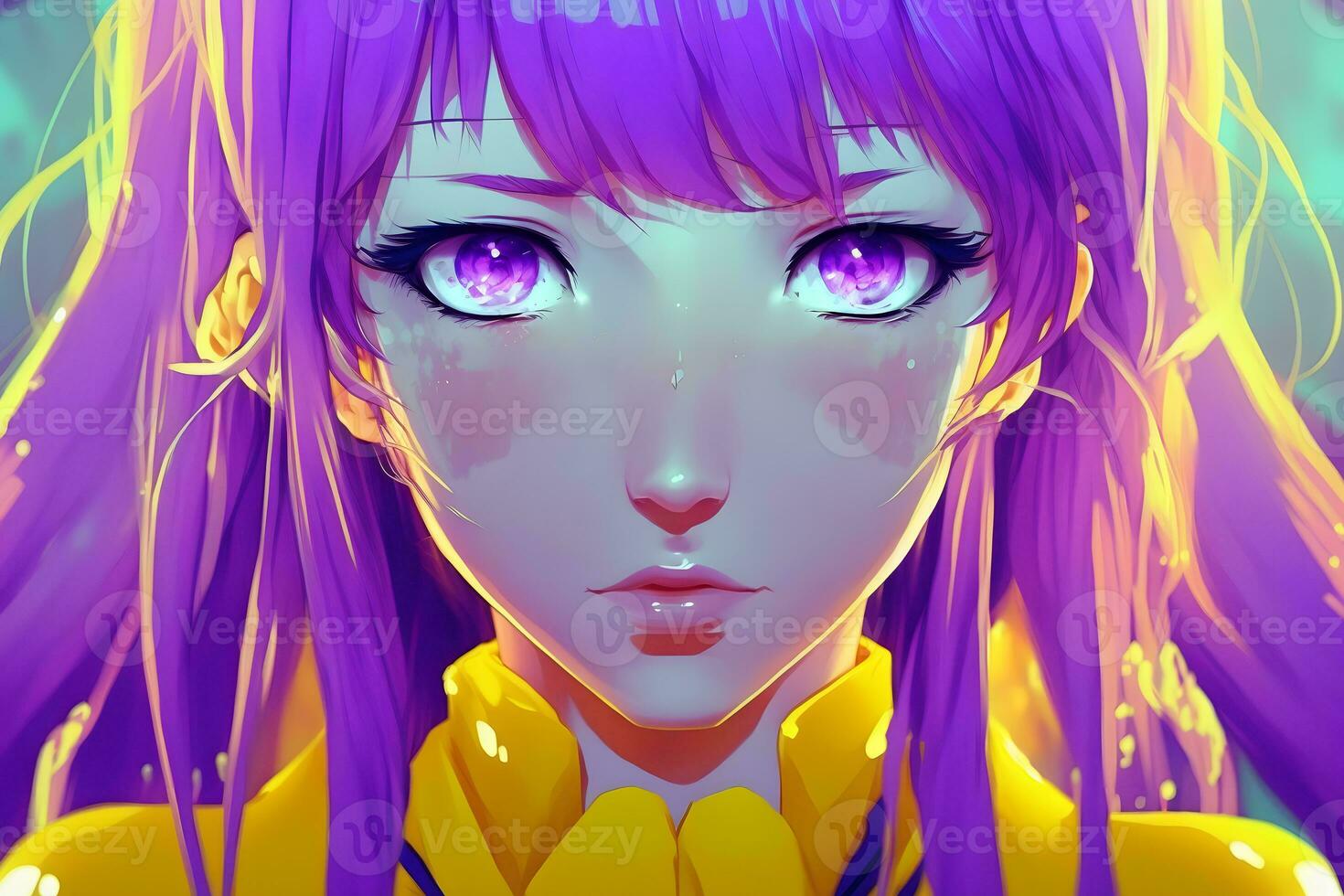 Porträt von ein schön Mädchen mit lila Haar im Anime Stil. neural Netzwerk ai generiert foto