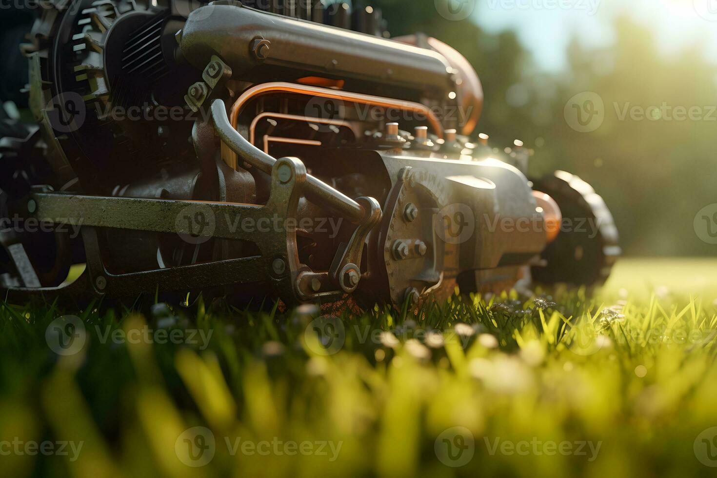 Rasen Mäher Schnitt Gras. Garten arbeiten. elektrisch rotierend Rasen Mäher Maschine. neural Netzwerk ai generiert foto