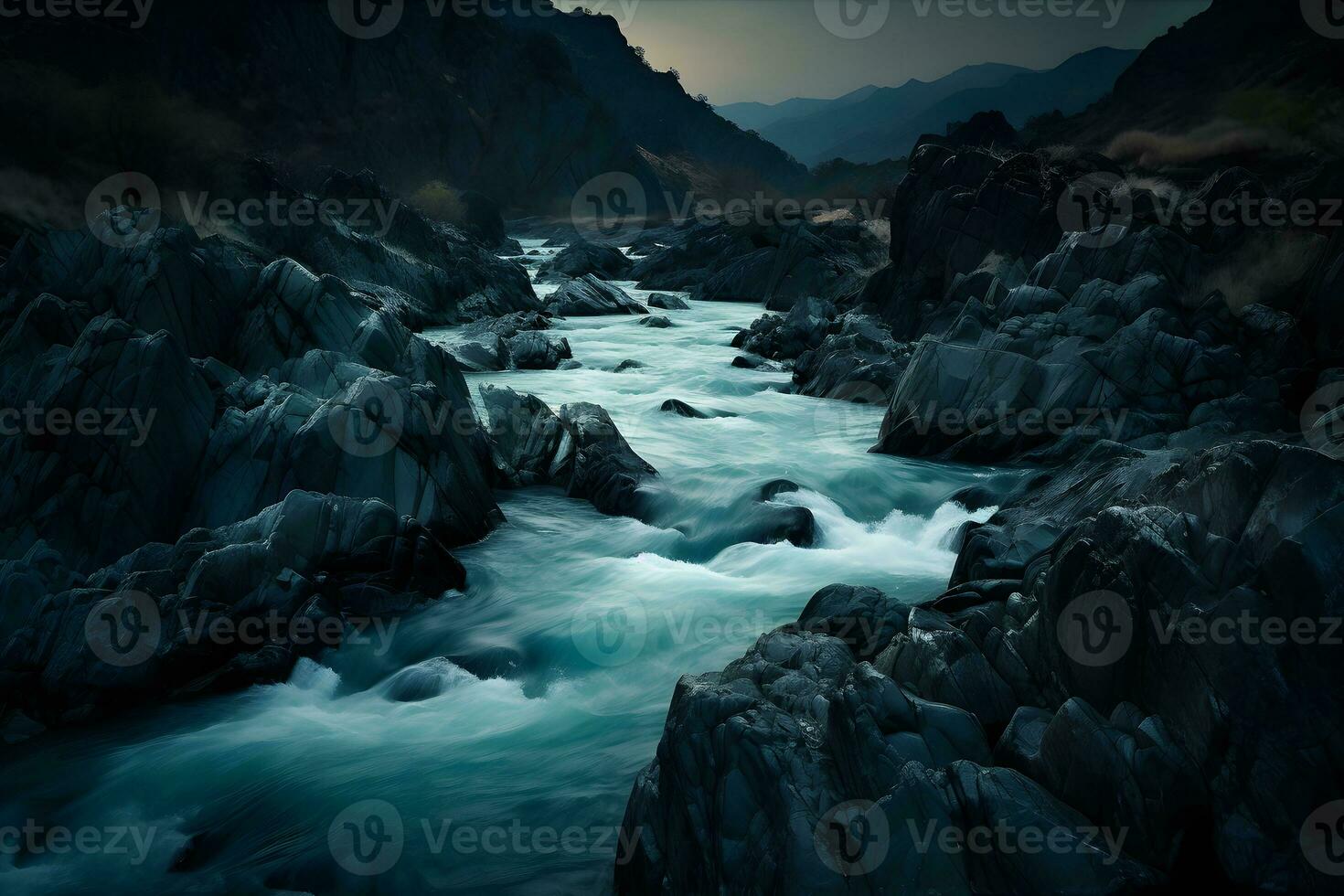 ein Berg Fluss oder Strom tobt im ein Blitz Flut. neural Netzwerk ai generiert foto