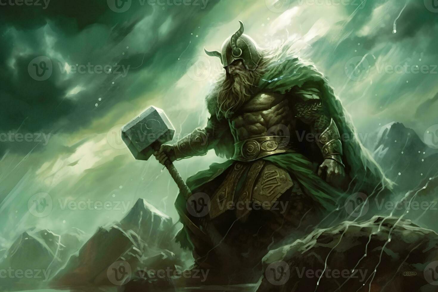 Gott thor hält das Hammer mjelnir, ein Krieger mit ein Schwert, Donner und Blitz, das Schlacht von Ragnarök. neural Netzwerk ai generiert foto