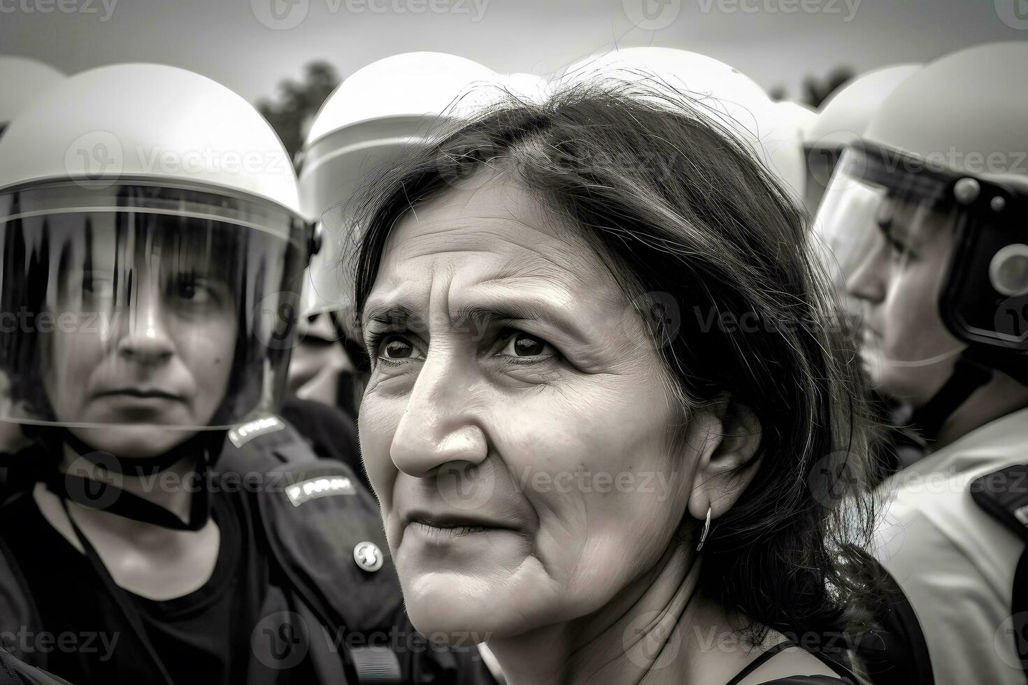 weiblich Aktivist protestieren mit Megaphon während ein Streik mit Gruppe von Demonstrator im Hintergrund. Frau protestieren im das Stadt. neural Netzwerk ai generiert foto