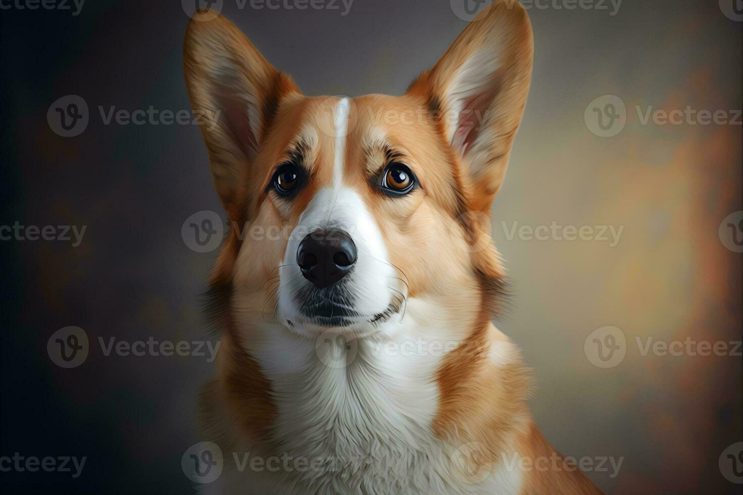 Porträt von Hündchen Walisisch Corgi Hund Sitzung im Vorderseite von ein dunkel Hintergrund. neural Netzwerk generiert Kunst foto