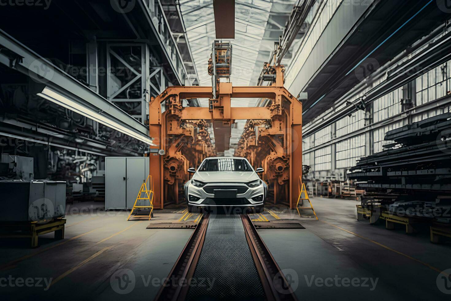 Automatisierung Automobil Fabrik Konzept. Roboter Versammlung Linie im Auto Herstellung. neural Netzwerk generiert Kunst foto