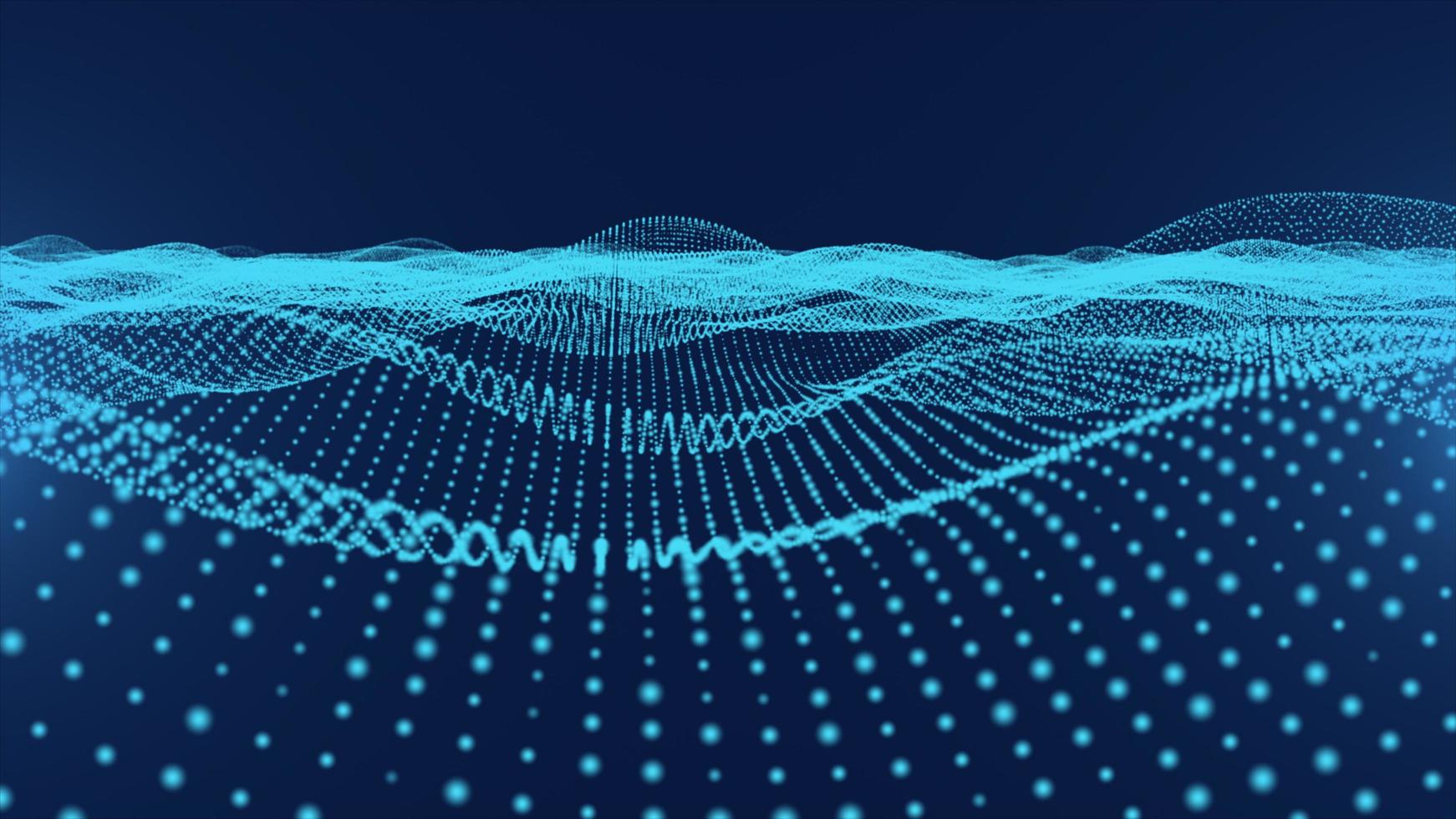 blau leuchtende Technologiewellenpartikel mit dunkelblauem Hintergrund foto