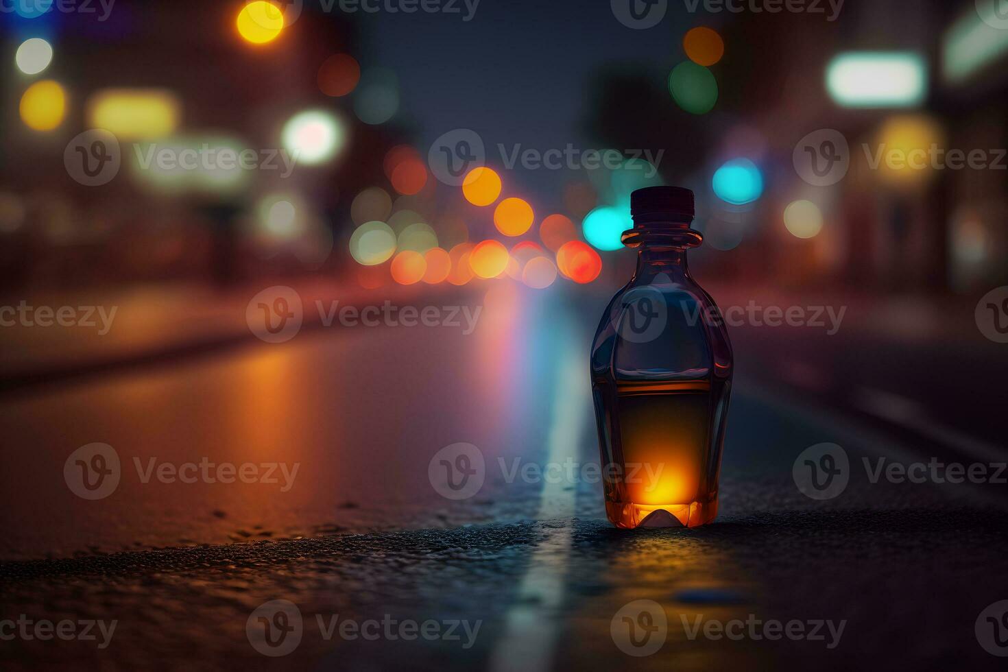 Parfüm Flasche gegen das Hintergrund von Nacht Stadt Beleuchtung. neural Netzwerk generiert Kunst foto