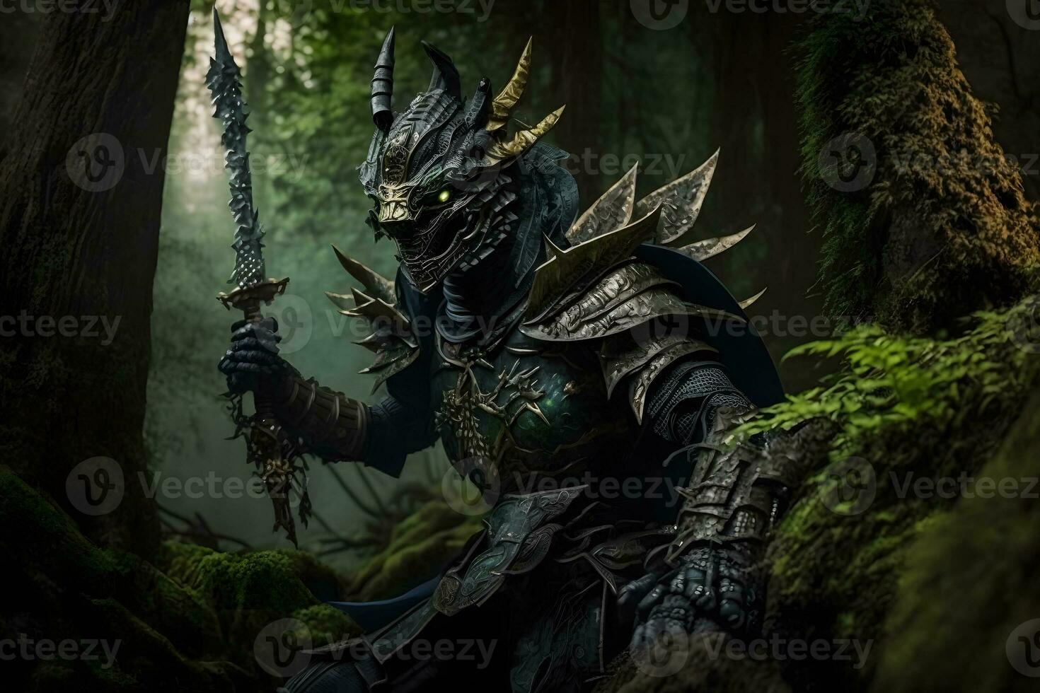 Fantasie Drachen Samurai im das Wald. neural Netzwerk ai generiert Kunst foto