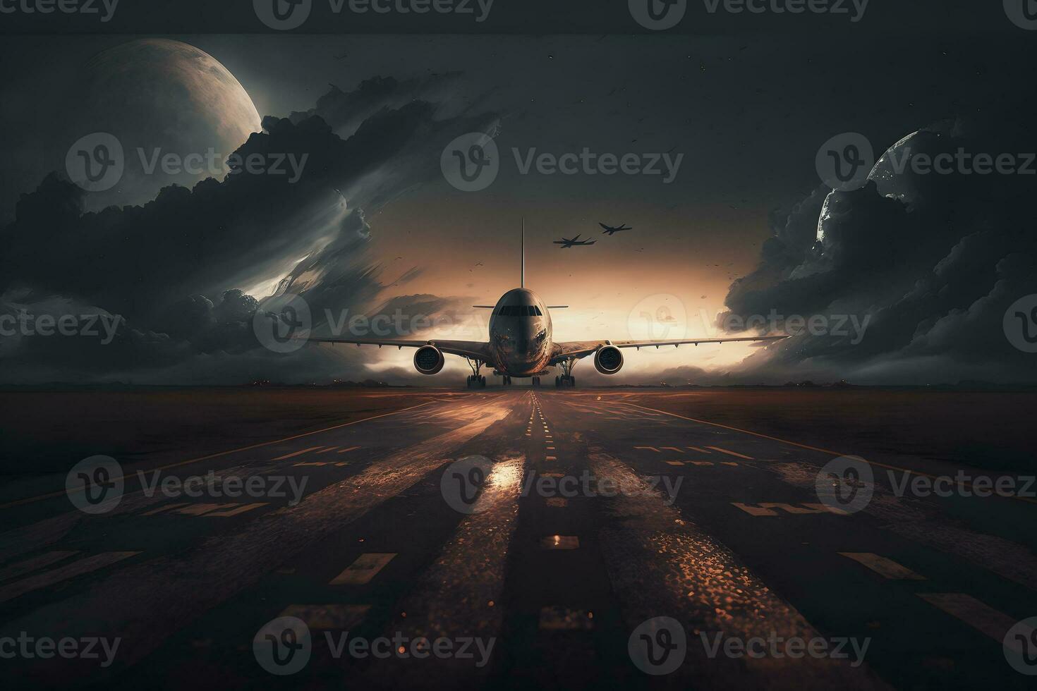 Sonnenuntergang Aussicht von Flugzeug auf Flughafen Runway unter dramatisch Himmel. neural Netzwerk ai generiert foto