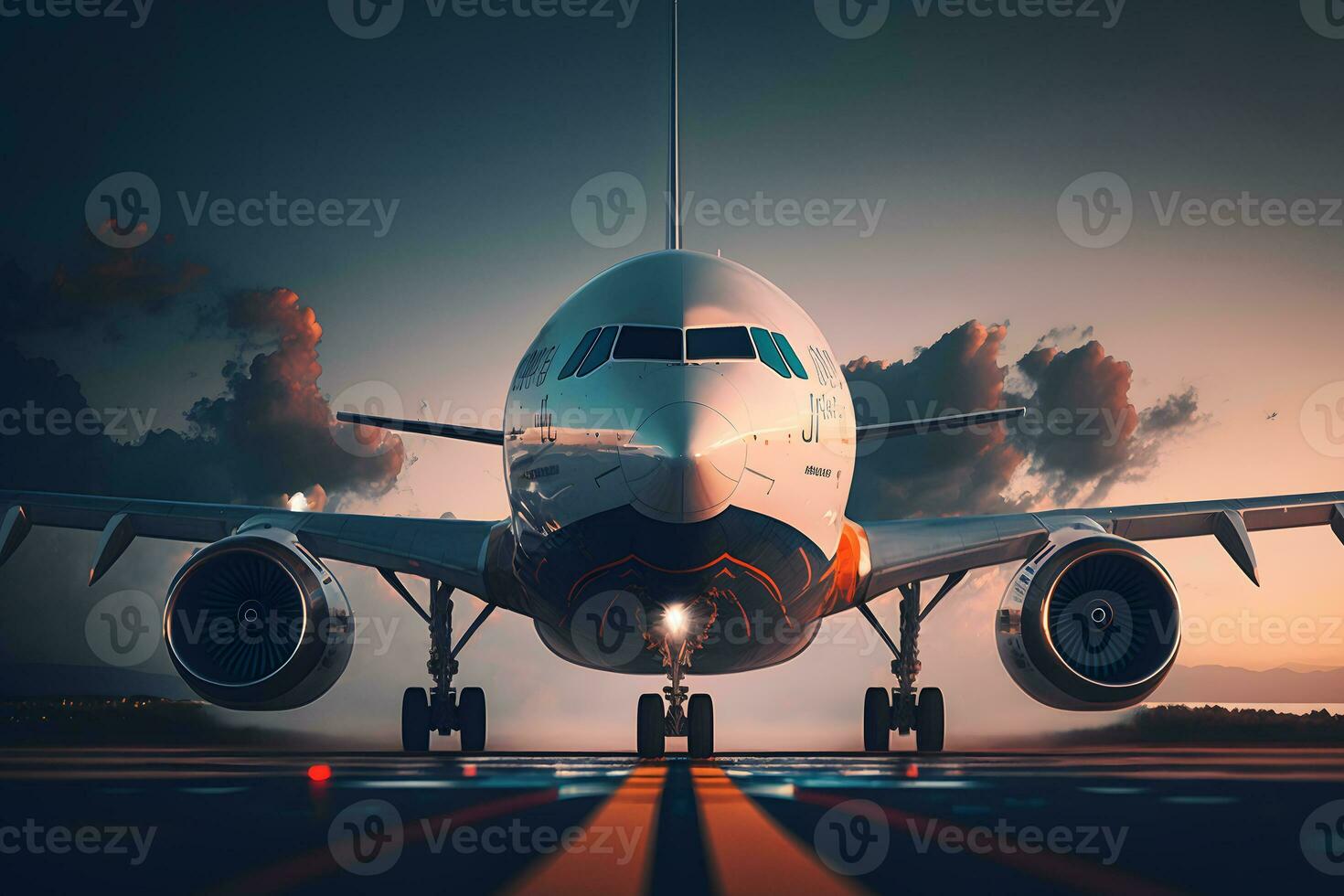 Sonnenuntergang Aussicht von Flugzeug auf Flughafen Runway unter dramatisch Himmel. neural Netzwerk ai generiert foto