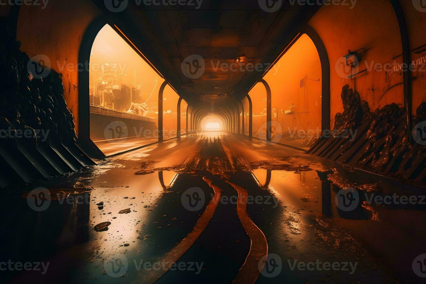 Post-apokalyptischen Tunnel nach Regen mit Orange radioaktiv Staub. neural Netzwerk ai generiert foto