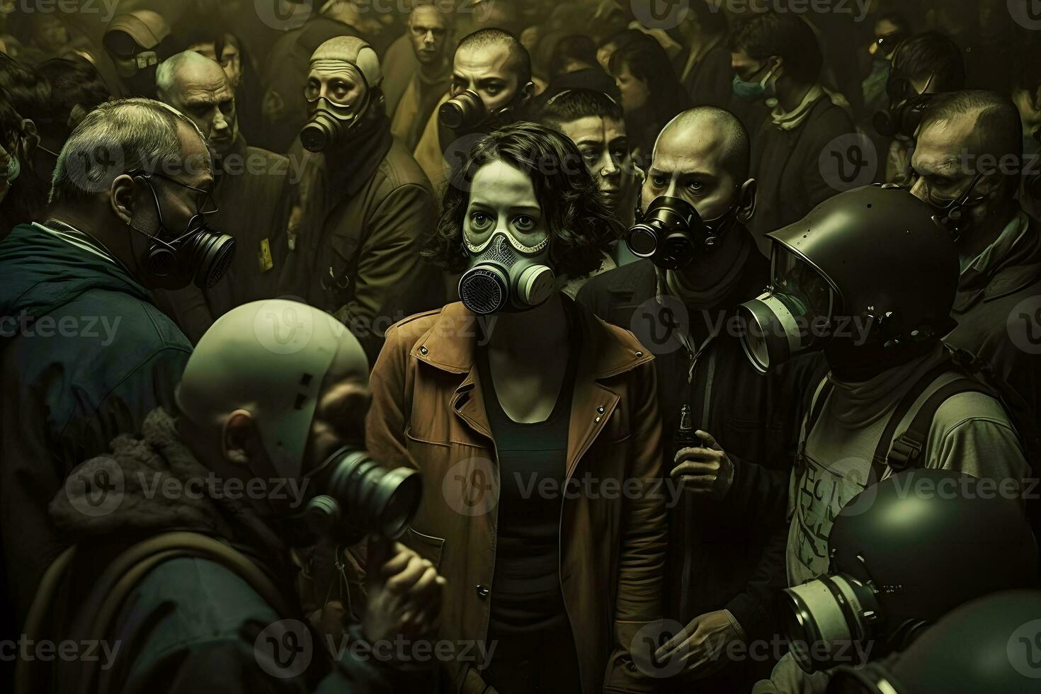 Menge von Menschen im Uniform und Gas Maske. Konzept von Strahlung und Virus, Umwelt Verschmutzung. neural Netzwerk ai generiert foto