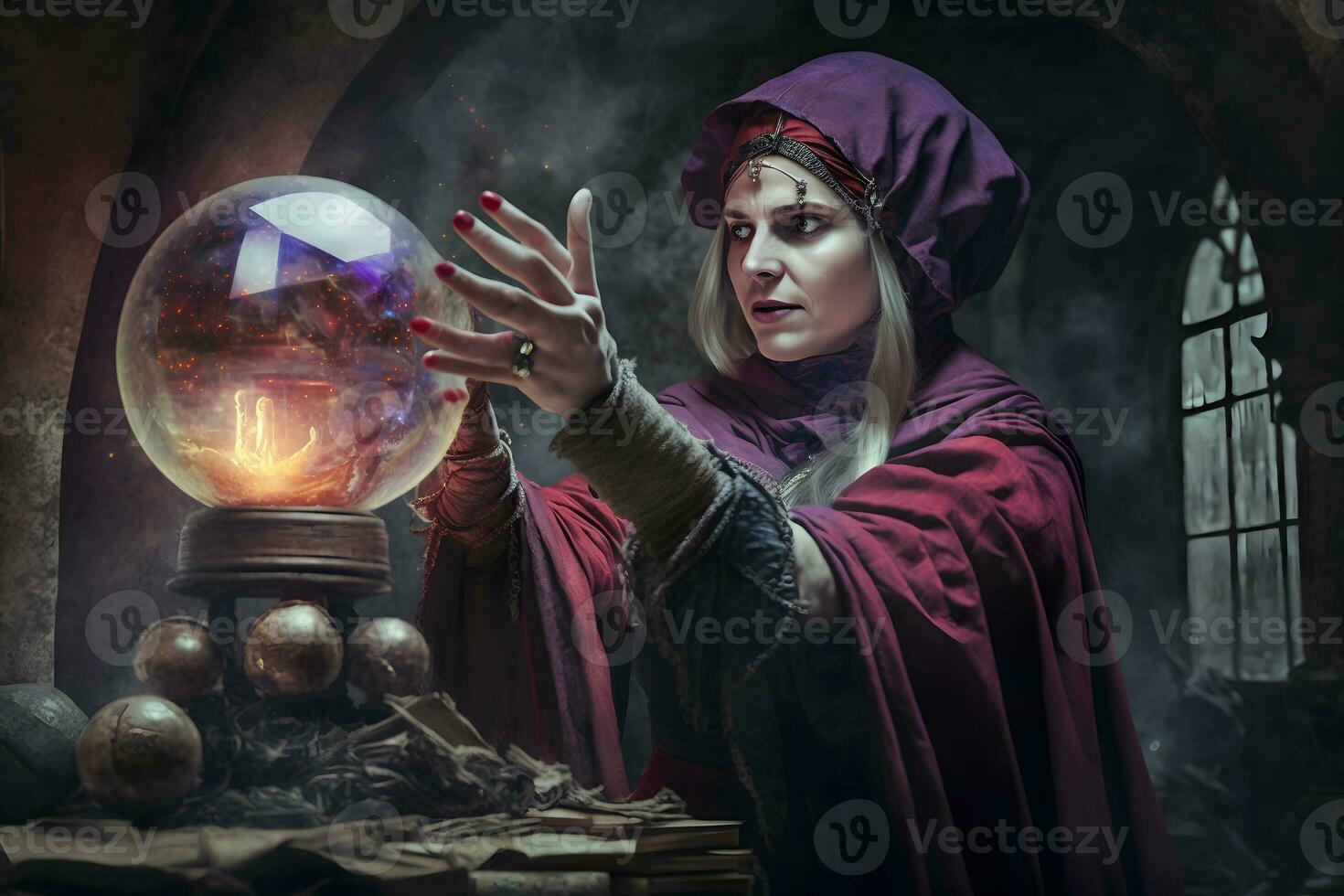 das Hexe mit Magie Ball im ihr Hände Ursachen ein Spirituosen im Höhle. neural Netzwerk ai generiert foto