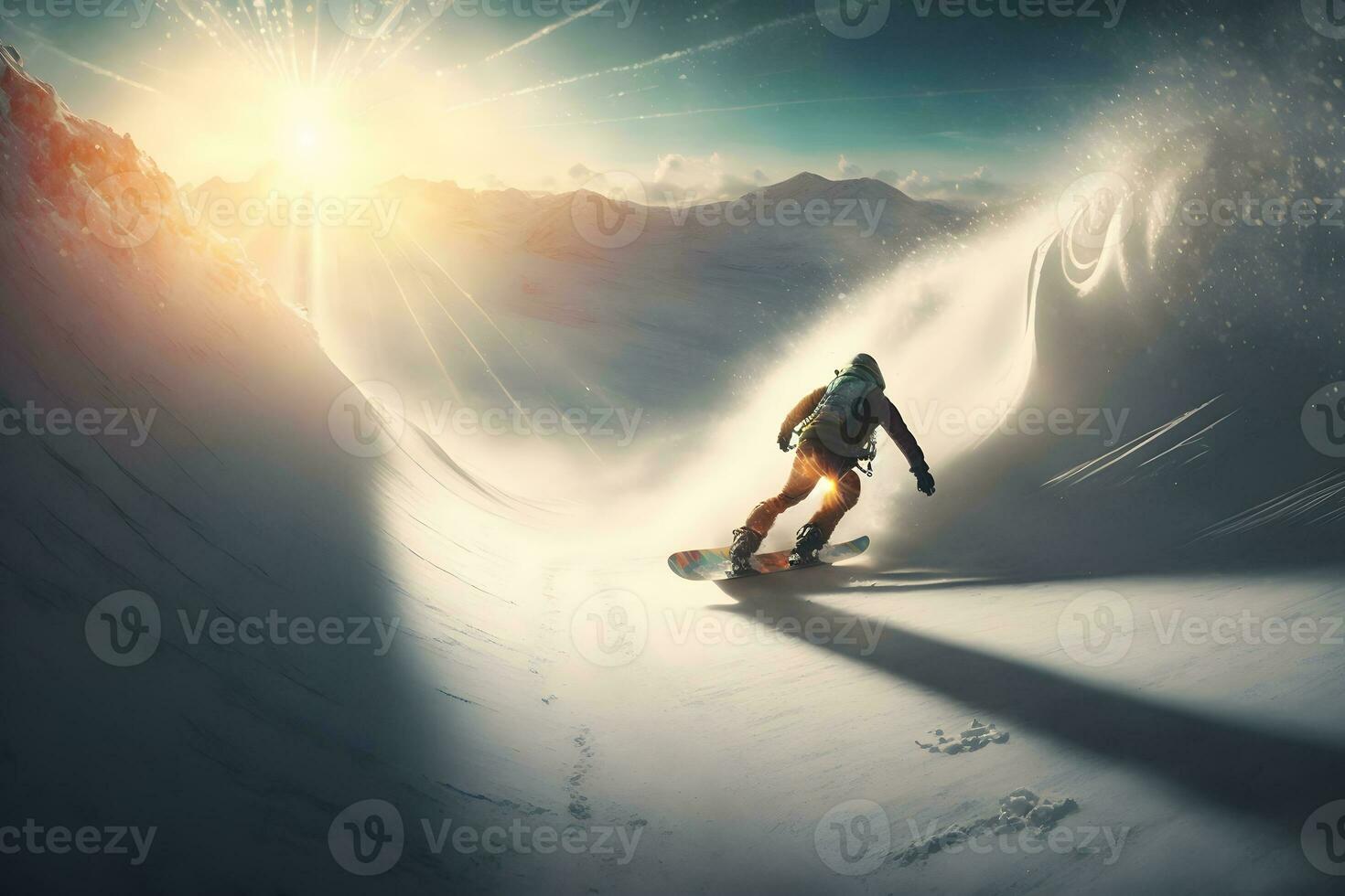 jung Mann Snowboarder Laufen Nieder das Steigung im alpin Berge. Winter Sport und Erholung. neural Netzwerk ai generiert foto