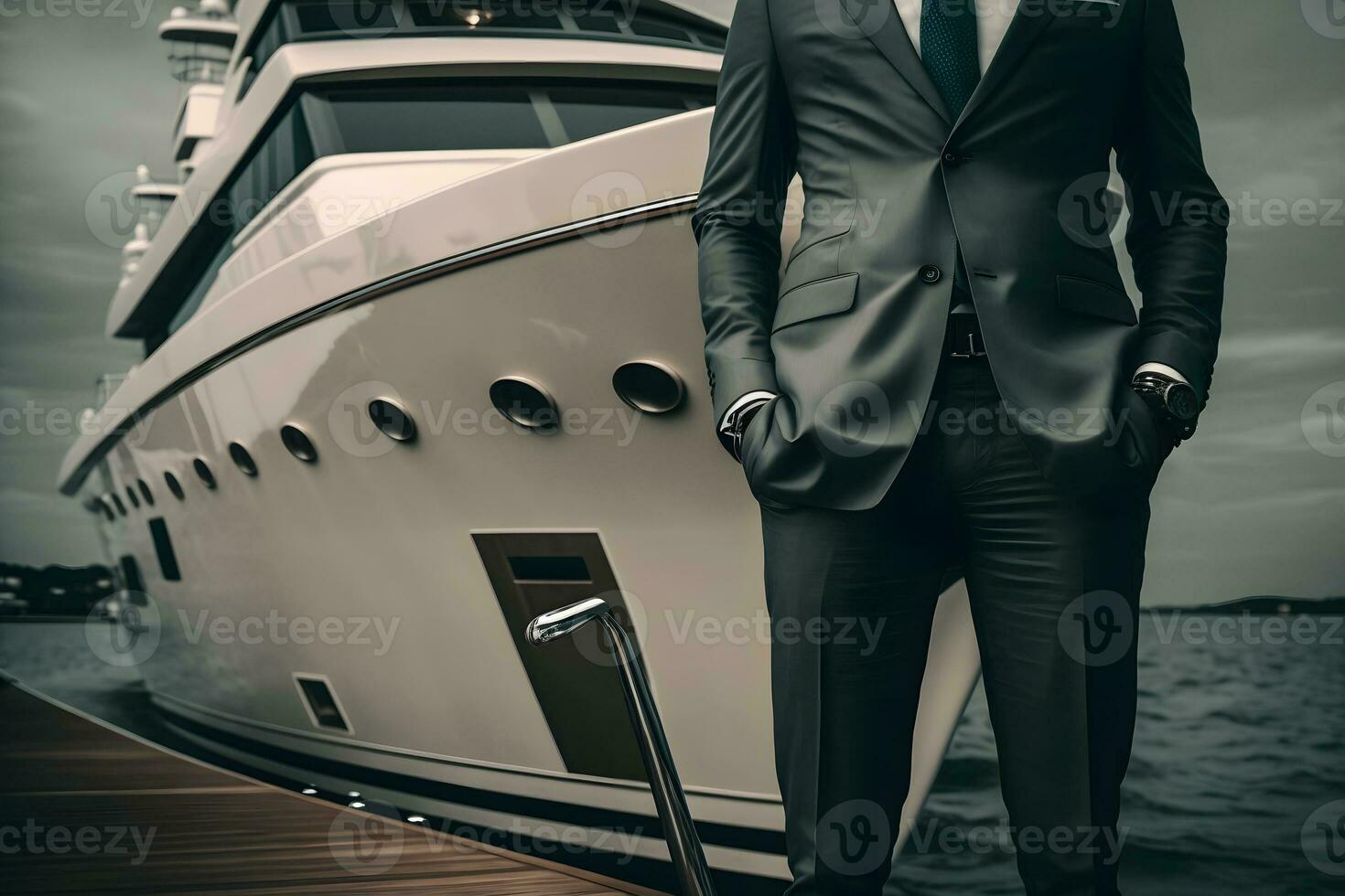 zuversichtlich erfolgreich Geschäftsmann auf das Hintergrund von ein Privat Yacht. neural Netzwerk ai generiert foto