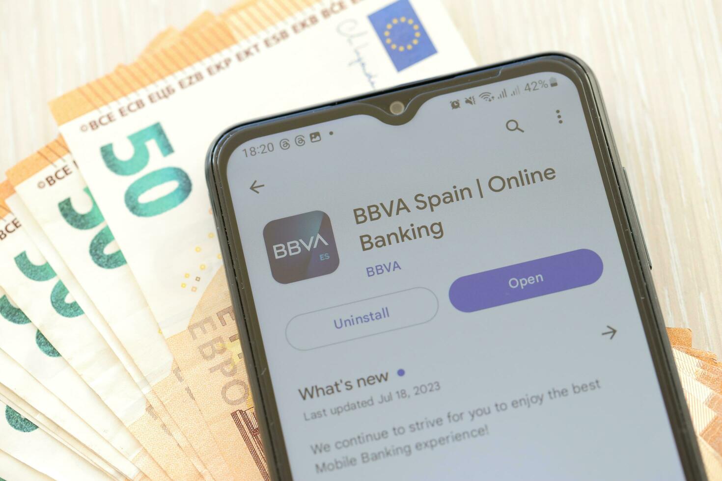 Ternopol, Ukraine - - August 3, 2023 bbva Spanien Anwendung auf Bildschirm auf modern Smartphone und viele Rechnungen von Euro Währung foto