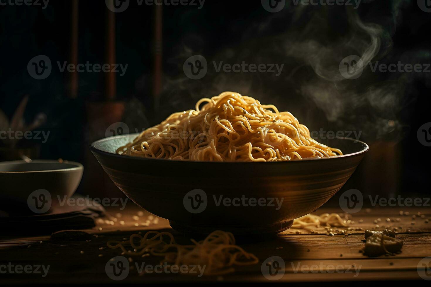 schwarz Schüssel mit Chinesisch Nudeln Jiangsu Küche. neural Netzwerk ai generiert foto