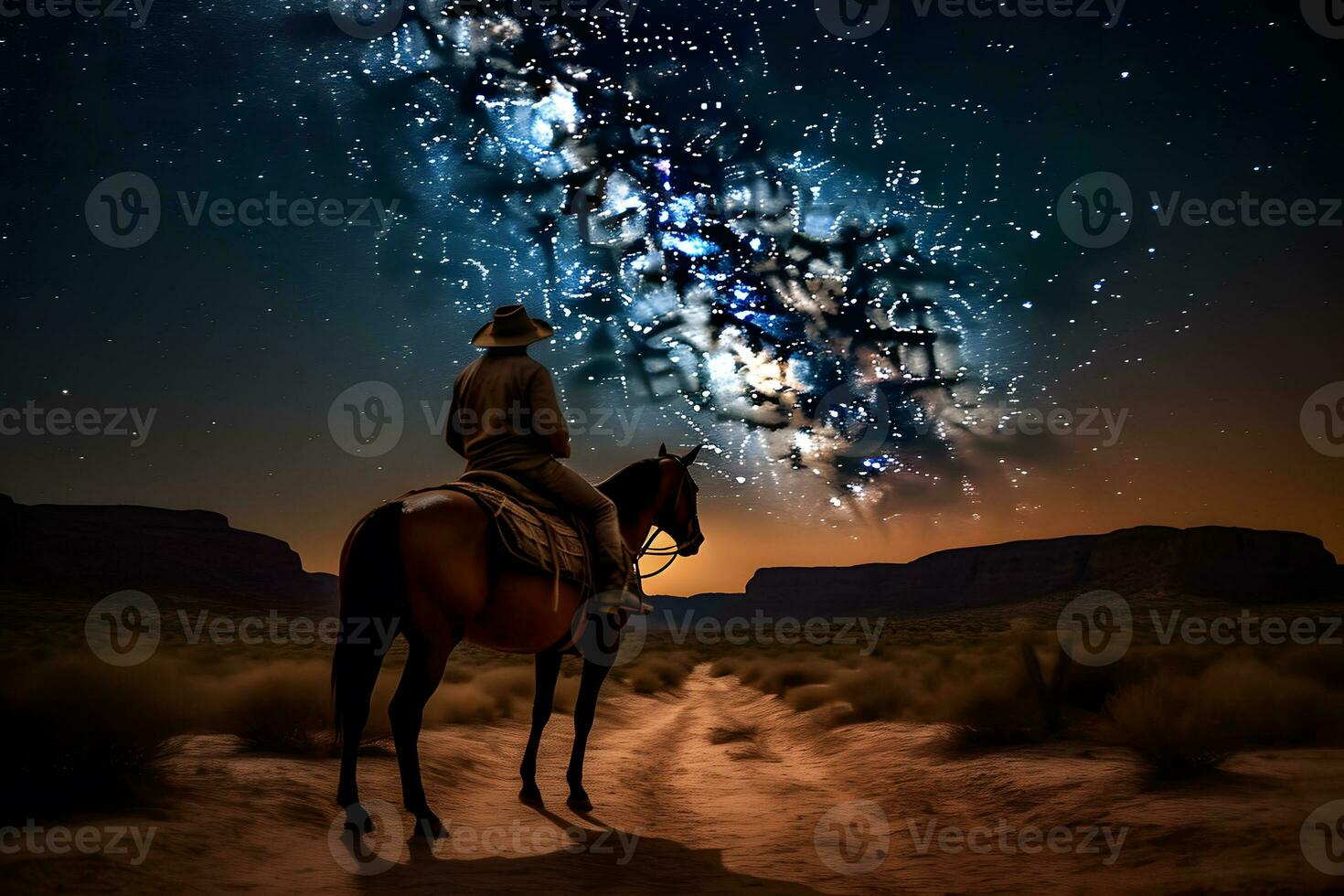 Landschaft mit milchig Weg. Cowboy mit seine Pferd. neural Netzwerk ai generiert foto