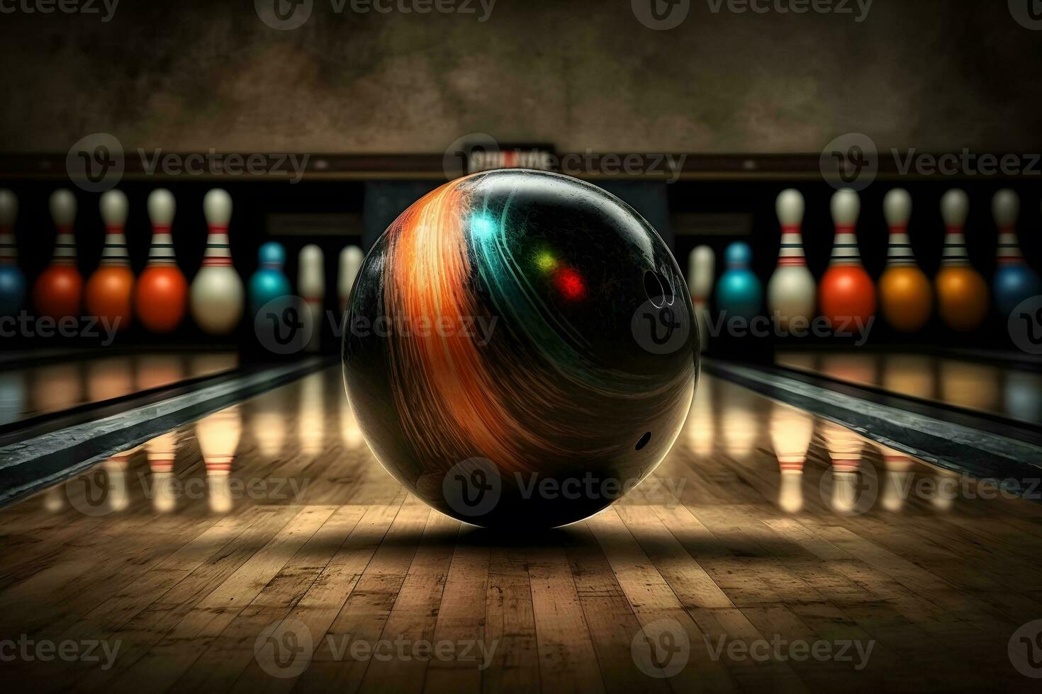 Bowling Ball Lügen auf Fahrbahn Start Position zum Bowling Spiel im Verein. neural Netzwerk generiert Kunst foto