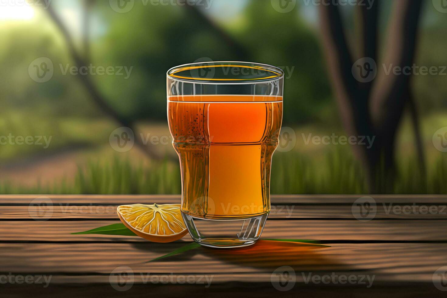 Glas von abstrakt Obst Saft mit frisch Früchte auf hölzern Tabelle mit Sommer- Feld Hintergrund. neural Netzwerk generiert Kunst foto