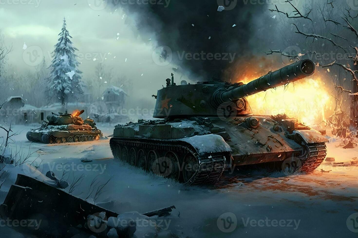 Militär- Schlacht Panzer im Winter Landschaft. neural Netzwerk ai generiert Kunst foto