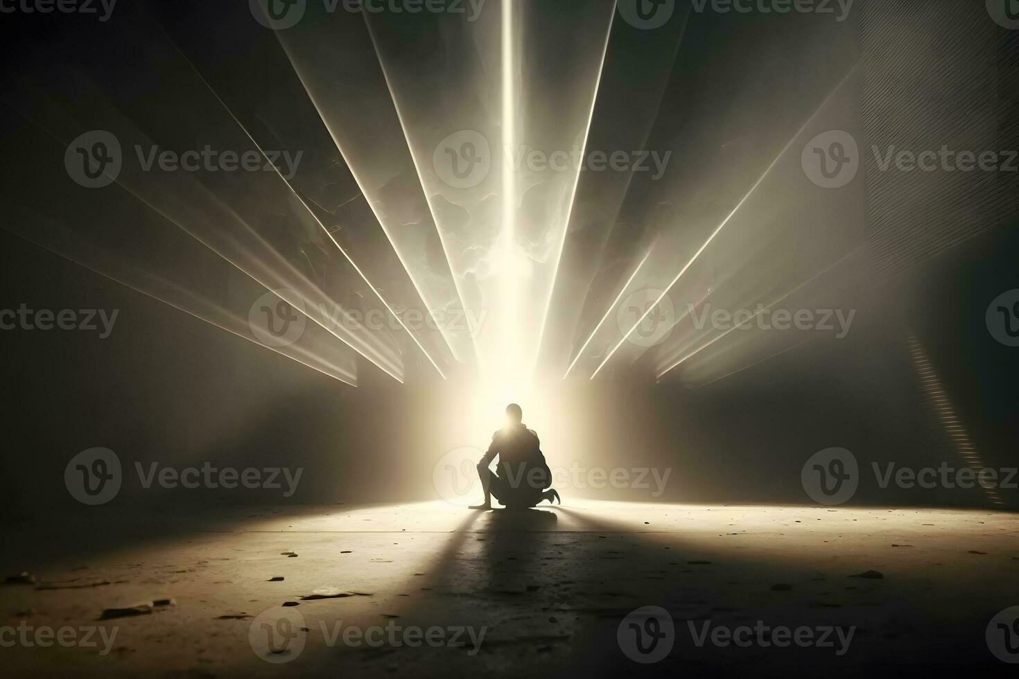 Halle mit Strahlen von Licht zum Meditation. spirituell Tempel. neural Netzwerk ai generiert foto