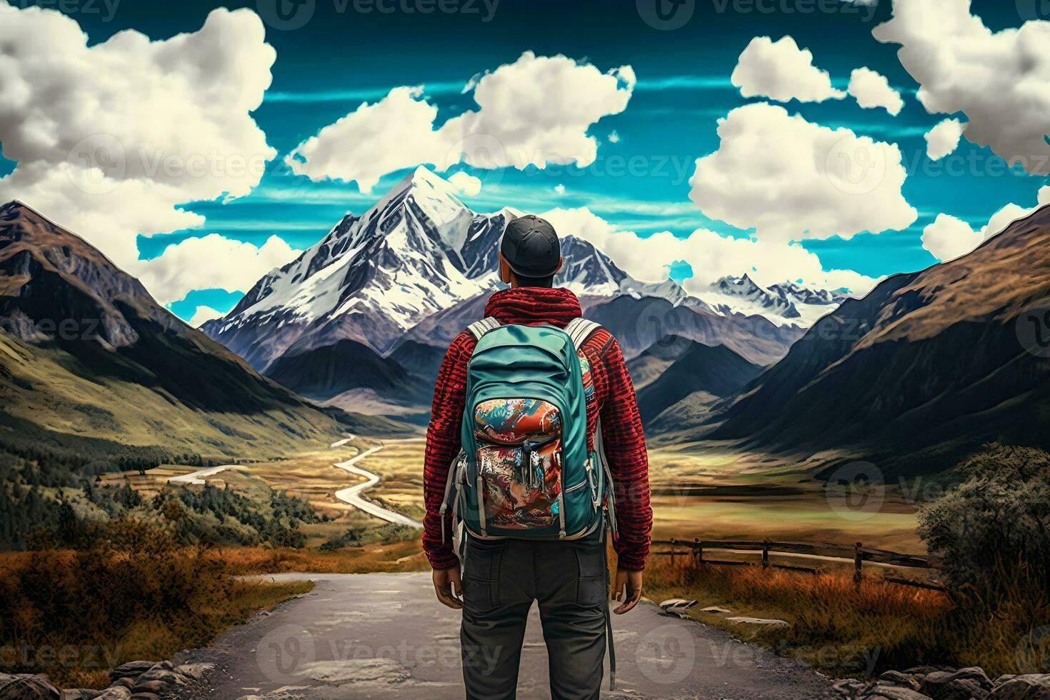 Tourist mit ein Rucksack im ein Berg Wanderung. neural Netzwerk ai generiert foto