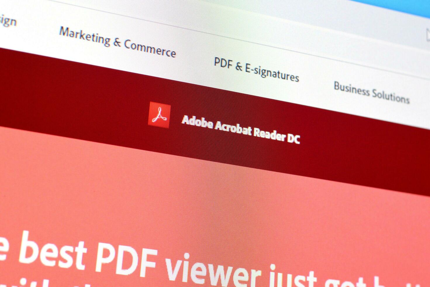 Netz Seite von Adobe Akrobat Leser Produkt auf offiziell Webseite auf das Anzeige von pc foto