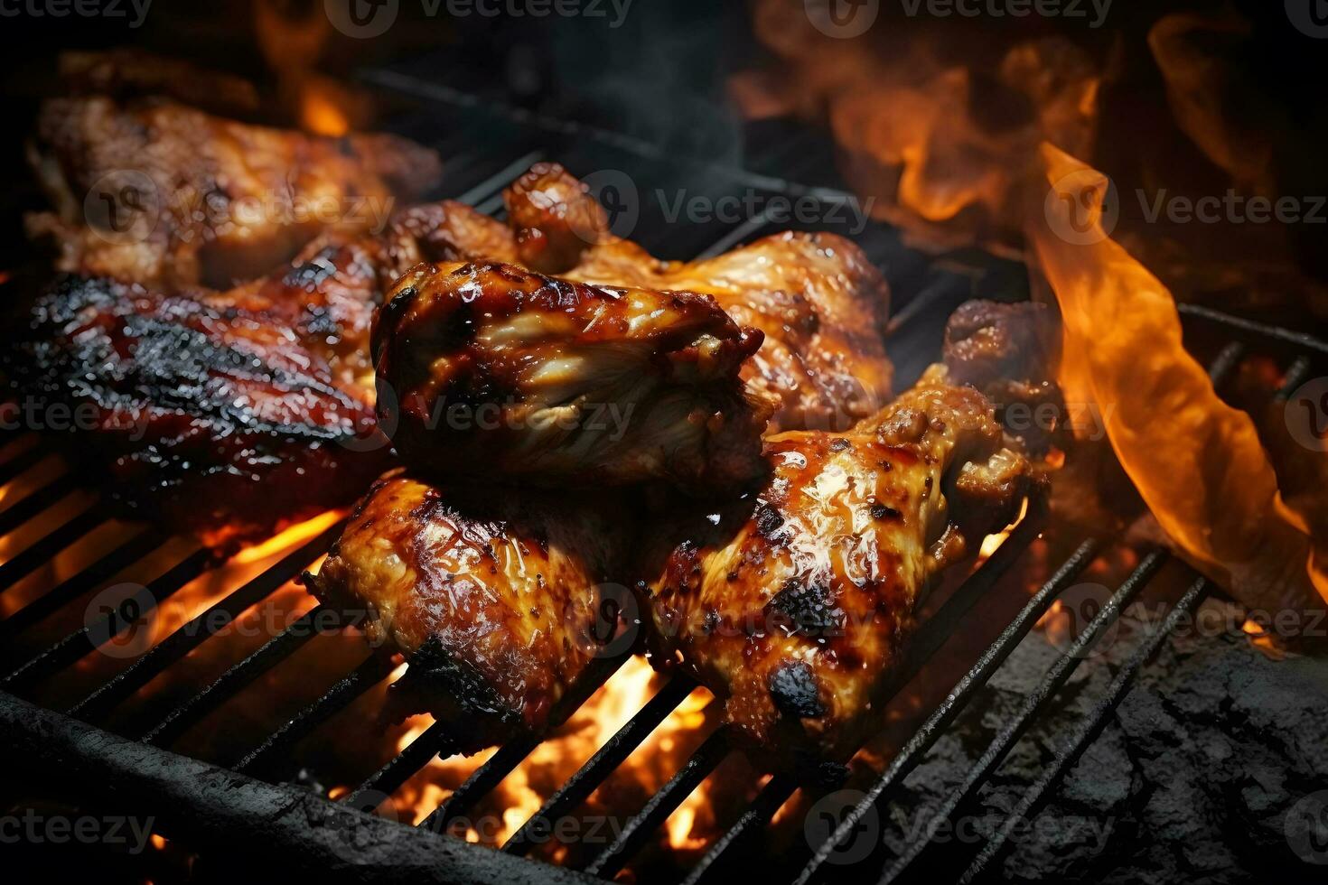 lecker Hähnchen Beine und Flügel auf das Grill mit Feuer Flammen. neural Netzwerk ai generiert foto