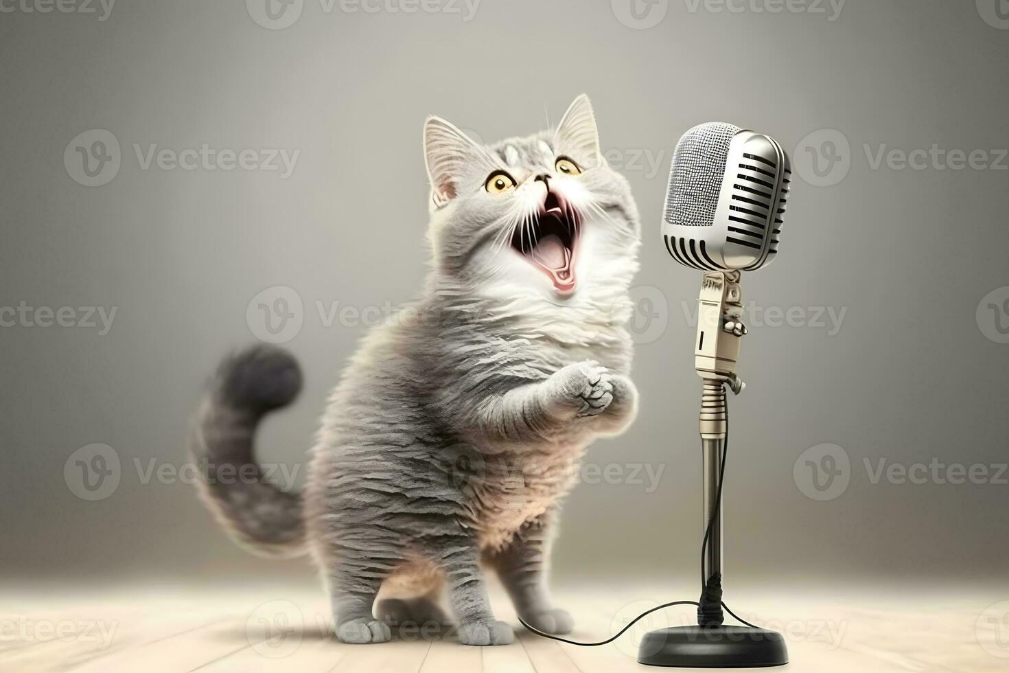 Katze Künstler singt in ein Mikrofon. neural Netzwerk ai generiert foto